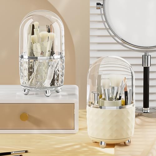 Booklov Makeup Brushes holder with Lid,Cosmetic Organizer,360° Rotating Desktop Makeup Tools Holder with Lid,Dustproof Lipstick Organiser,Storage Stand for Cosmetic(Cream with Lid,M)