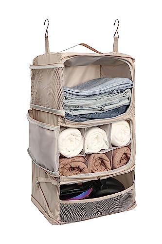 ELEZAY Hanging Packing Cubes Portable Closet 3-Shelf Travel Collapsible Compression Garment Organizer for Carry-on Luggage Suitcase Space Saver Bag X-Large_No Side Pockets, Beige