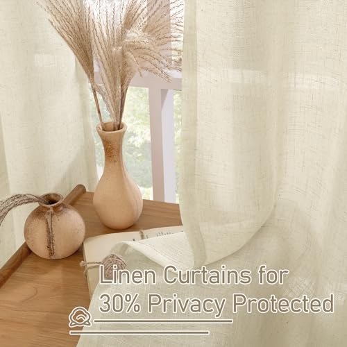 LAMIT Grey Linen Curtains 95 inch for Living Room, Semi Sheer Light Filtering Boho Window Textured Burlap Drapes with Bronze Grommet for Bedroom Farmhouse, 2 Panels Set, 52 x 95 Inch