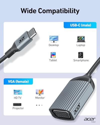 acer USB C to VGA Adapter, USB to VGA Adapter for Monitor Compatible with iPhone 15 Pro/Max, MacBook Pro/Air 2023, iPad Pro/Air, iMac, S23, XPS 17, Surface Book 3 and More (Grey)