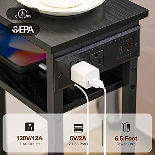 AMHANCIBLE Narrow Side Table Set of 2 with Charging Station, Small End Tables for Small Spaces, 3-Tier Skinny Side Table, Narrow End Table with USB Ports, Narrow Nightstand Set 2, Black, HETN03BK