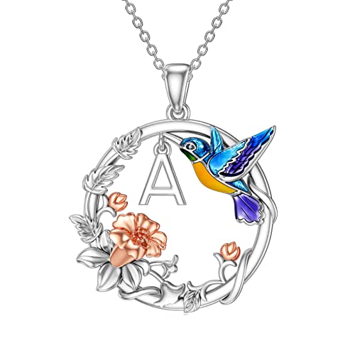 LONAGO Hummingbird Necklace with W Initial, Hummingbird Pendant Necklaces A-Z 26 Alphabet Necklace Sterling Silver Gift for Women (W)