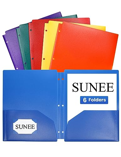 SUNEE 3 Hole Pocket Folders (6 Pack, Assorted Color) Plastic Pocket Folders for 3 Ring Binder, 3-Hole Punched Folders with Pockets, for Kids, Students, Teachers, Office Staff