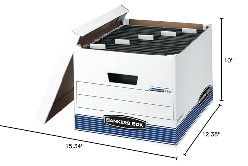 Bankers Box 4 Pack HANG'N'STOR Medium-Duty File Storage Boxes, FastFold, Lift-Off Lid, Letter/Legal, White/Blue
