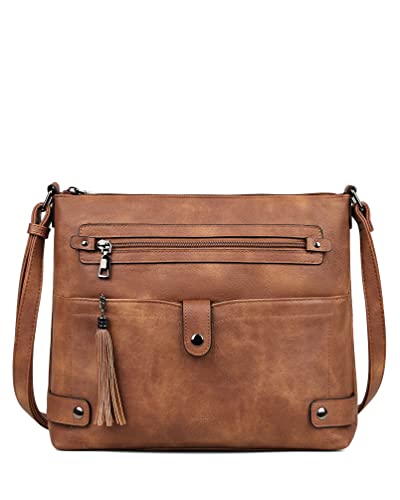 FADEON Large Crossbody Bags Purses for Women Crossbody Bag, Designer Leather Cross Body Purse Multi Pocket Shoulder Bag Brown