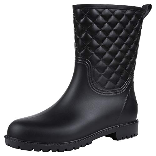 Women's Mid Calf Black Rain Boots Waterproof Lightweight Garden Shoes, 6 Size