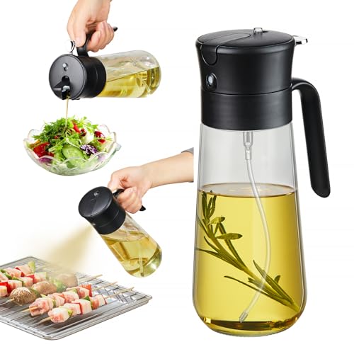 hoforife Glass Olive Oil Dispenser Bottle & Oil Sprayer Bottle 2 In 1 for Kitchen Cooking, Auto Flip Cap, 18oz White