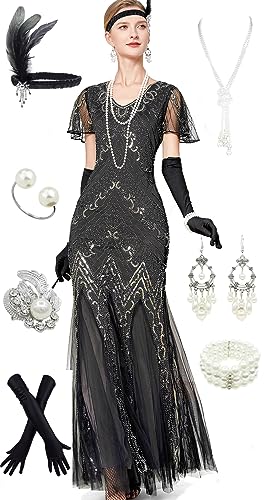 1920s Short Sleeve Sequin Gatsby Maxi Long Evening Prom Mermaid Hem Cocktail Dress w/Accessories Set Black Gold