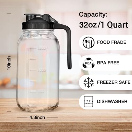 Glass Pitcher with Lid - 64OZ Wide Mouth Mason Jar Pitcher, 2 Quart Double Leak-proof Water Pitcher, Breastmilk Pitcher with Pour Spout Lids for Water, Juice, Milk, Tea, Iced Coffee, and Drinks