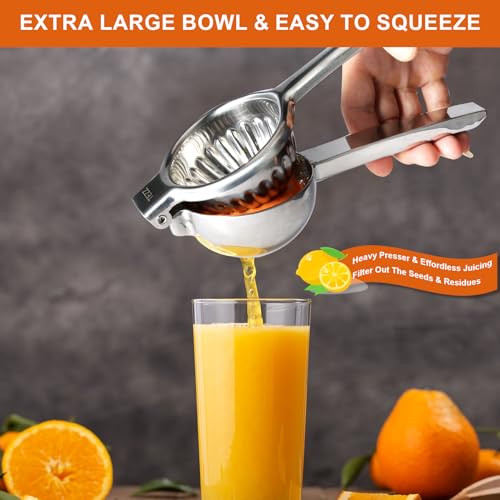 TEZZ Upgrated Extra Large Lemon Squeezer, Heavy Duty Handhelp Orange Juicer with 3.47'' extra big Filter Bowl, Stainless Steel Hand Press Citrus Juicer, Lime Squeezer Bar Tool, Manual Citrus Press