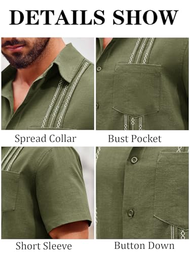Runcati Mens Linen Shirt Guayabera Cuban Short Sleeve Button Down Summer Beach Hippie Shirts Beige