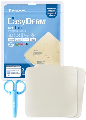 Easyderm Thin Hydrocolloid Large Wound Dressing 4”x4” 1 Pack (2 Dressings) | Waterproof, Latex-Free, Highly Absorbent Dressing for Burns, Blisters, Wound Healing with Mini Scissor