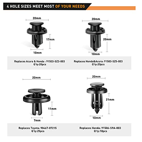 GOOACC Bumper&Splash Shield Retainer Metal Insert Clips Assortment Kit for Acura Honda 91503-SZ3-003 91503-SZ5-003 91506-S9A-003 Toyota Fender Liner 90467-07215 4-Way Valve Tools Tire Caps Cores