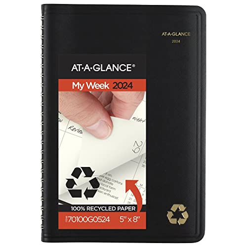 AT-A-GLANCE 2024 Weekly & Monthly Planner, Hourly Appointment Book, 5" x 8", Small, Recycled, Monthly Tabs, Black (70100G0524)