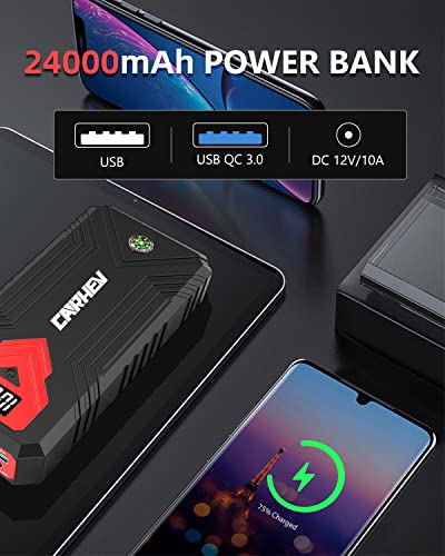 CARHEV 3000A Jump Starter, 24000mAh Car Battery Jump Starter (up to 8.0L Gas and 8.0L Diesel Engine) Battery Jumper Starter Portable, 12V Car Jumper Starter Portable with LED Light and USB QC 3.0