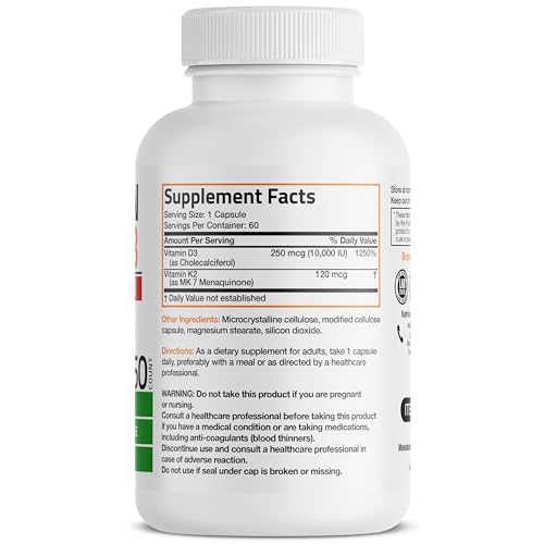 Bronson Vitamin K2 (MK7) with D3 Extra Strength Supplement Bone Health Non-GMO Formula 10,000 IU & 120 mcg MK-7 Easy to Swallow D K, 60 Capsules