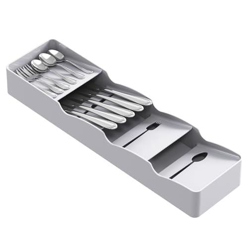 Lifewit Compact Flatware Drawer Organizer, Narrow Silverware Tray for Kitchen Drawers, Plastic Cutlery Holder for Spoons, Forks and Knives, Utensils Storage Organization, Gray