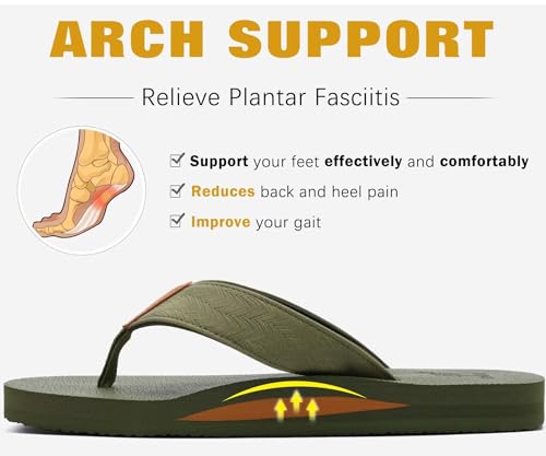 KuaiLu Men's Leather Flip Flops Arch Support Summer Beach Pool Water Thong Sandals Waterproof Rubber Walking Shoes Slip on Orthotic Casual Sport Cushioned Wide Slides Shower Slippers Brown Size 8
