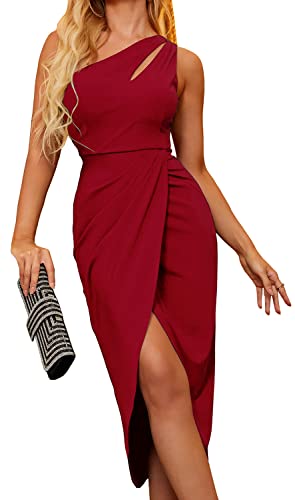 Zalalus Women's Sexy One Shoulder Bodycon Formal Dress 2023 Summer Cutout Ruched Slit Wrap Cocktail Party Midi Dresses (Medium, Hot Pink)