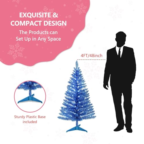 4ft Lighted Artificial Blue Christmas Tree | Leeheeyee Small Xmas Tree, Not Pre-lit Blue Tinsel Pine Trees with Lights, Ideal for Home, Office, and Xmas Party Décor