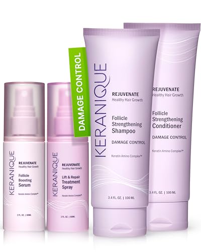 Keranique Damage Control Set for Thinning Hair - Shampoo & Conditioner for Damaged Hair, Follicle Booster Serum, Lift & Repair Spray - Keratin Enriched Repair Products for Dry, Thin Hair - Travel Size