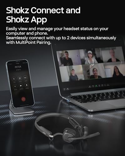 SHOKZ New OpenMeet - Open-Ear Bluetooth Computer Headset, Noise Cancelling Mic + Mute Button, Bluetooth 5.4 Compatible with PC & Mac, Wireless Work Headphones, Customizable Fit, Smart App - C610