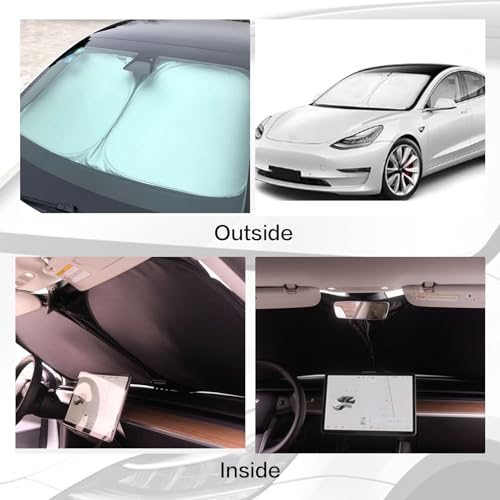 YOYGAG for Tesla Model Y Sunshade Tesla Model 3 Sunshade, for Tesla Model 3 Model Y Accessories 2024, Foldable 300T High-Density Front Window Sunshade with Organizer Bag (Black)