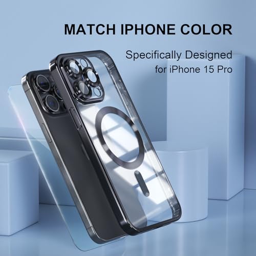 Misea Magnetic for iPhone 15 Pro Case Compatible with MagSafe [Never Yellowing] [Military Grade Drop Protection] Full Camera Lens Protector Plating Soft Clear Phone Case for Women Girls, Black