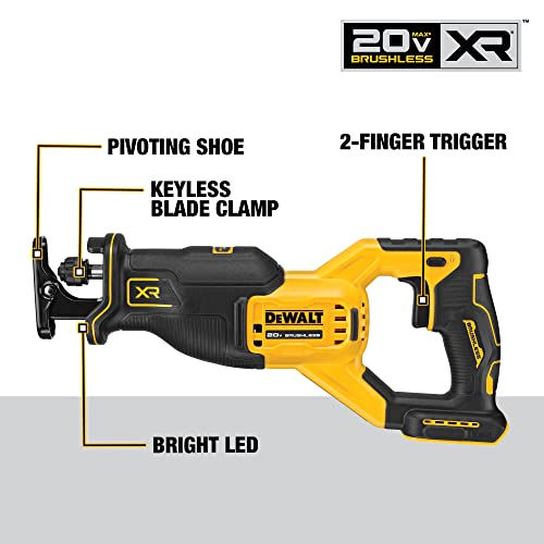 DEWALT 20V MAX XR Reciprocating Saw, Cordless, 2-Finger Variable Trigger, Keyless Blade Clamp, Bare Tool Only (DCS382B)