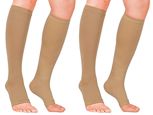 GODORIO 2 Pairs Open Toe Compression Socks for Women and Men Knee High Circulation 15-25 mmHg, Best Support for All Day Wear