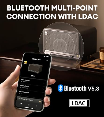 Edifier D32 Tabletop Wireless Speaker, Hi-Res Audio, LDAC, AAC, ALAC, Bluetooth V5.3, 60W (RMS), 2.1 Acoustic Architecture, Full Digital Signal Process, 11h Playtime, APP Control, Black Walnut