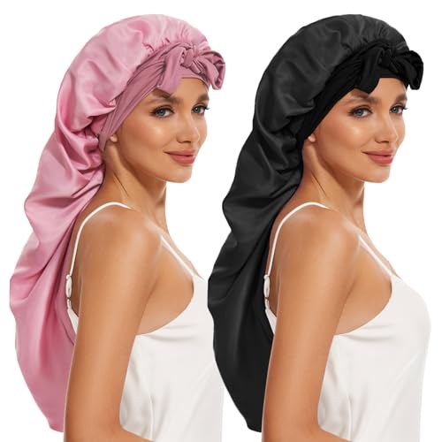 Long Bonnet for Braids & Curly Hair, Silk Satin Bonnet for Sleeping, Extra Large Bonnets for Women Braid DEMAZALO (Black Pink)