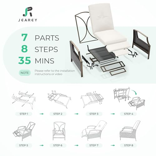 JEAREY Outdoor Recliner Chair,PE Wicker Patio Lounge Chairs with Extended Footrest,Indoor Adjustable Reclining Patio Chairs with Pillow for Pool,Backyard,Living Room,Bedroom,Cream White