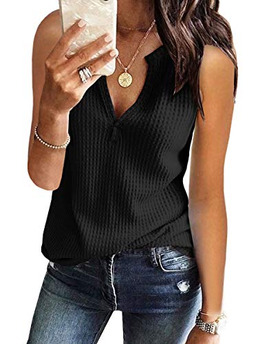 Womens Tank Tops V Neck Waffle Knit Summer Casual Sleeveless Loose Tee Shirts (Small, White&Black)