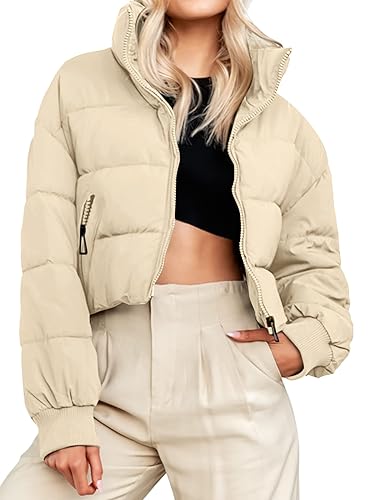 MEROKEETY Women's Winter Cropped Puffer Jacket Long Sleeve Oversized Stand Collar Zip-Up Short Down Coat