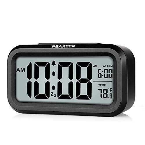 Peakeep Night Light Digital Alarm Clock Battery Operated with Indoor Temperature, Desk Small Clock (Black)