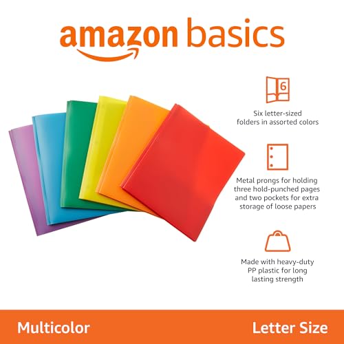 Amazon Basics Heavy Duty Plastic Folders with 2 Pockets for Letter Size Paper, Red and Blue, 2-Pack