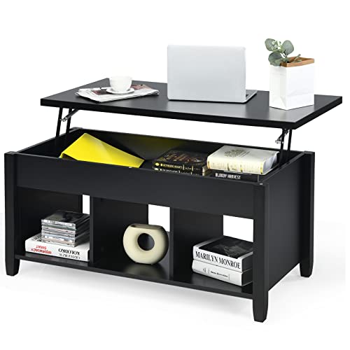 Tangkula Wood Lift Top Modern Coffee Table w/Hidden Compartment and Open Storage Shelf for Living Room Office Reception Room (Black)