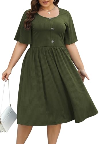 Keluummi Plus Size Casual Dress for Women, with Pocket and 3/4 Sleeve(20 Plus, Army Green)