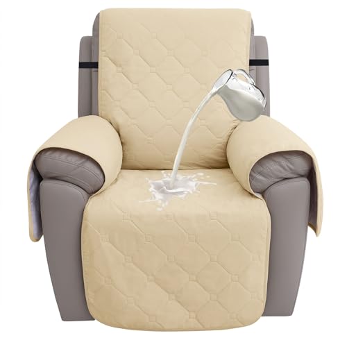 hyha 100% Waterproof Recliner Chair Covers, Non Slip Recliner Cover, Recliner Covers That Stay in Place, Reclining Slipcovers with Pocket, Furniture Protector for Pets, Dog (23.6", Beige)