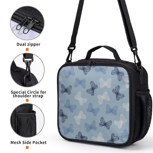 Dacawin Blue Butterfly Lunch Box Cute Butterflies Lunch Bag for Girls Boys Kids Teens Insulated Lunchbox Reusable Lunch Cooler Tote Bags Thermal Lunch Pail with Shoulder Strap for School Picnic