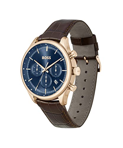 BOSS Gregor Men's Chronograph Stainless Steel Case and Crocodile Grained Leather Watch, Color: Brown (Model: 1514050)