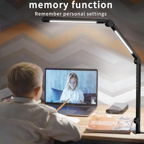 vimeepro LED Desk Lamp with Clamp Flexible 3 Sections Swing Arm 2 Light Sources Desk Light, 4 Color Modes & 5 Brightness, Eye Caring Led Table Light with Memory Function for Table Lamps for Office