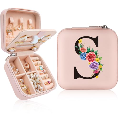 Sepaumo Initial Travel Jewelry Case, Small Travel Jewelry Organizer Box for Women Girls, Personalized Graduation Birthday Gifts for Her Mom Kids Necklace Earring Ring Organizer (V, pink)