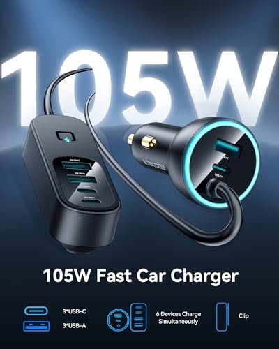 Rocoren 105W USB C Car Charger 6-Port for Family Travel, PD 35W & QC3.0 30W Super Fast Charging for Multiple Devices, Cigarette Lighter USB Charger with 5FT Cable for iPhone 15, iPad Pro, Samsung S24