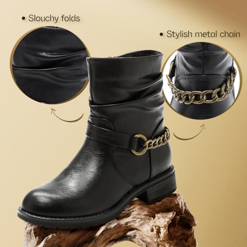 Shupua Ankle Booties For Women Low Heel Fall Boots Black Combat Boots Womens Ankle Boots With Chain Strap(Grey.us7)