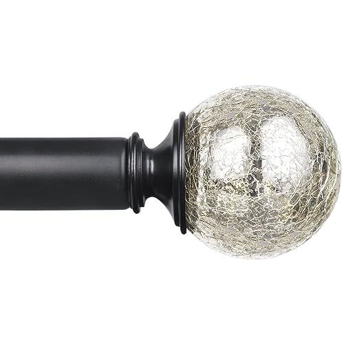 KAMANINA 1 Inch Curtain Rod 32 to 58 Inches (2.6-4.8ft), Black Curtain Rods for Windows, Single Drapery Rods with Crackle Glass Finials