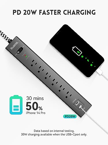 2 Pack Surge Protector Power Strip 6 FT, Extension Cord with 6 Outlets 2 USB Ports (PD 20W), Flat Plug Power Strip 980J, Overload Protection and Wall Mount for Home Dorm Room Essentials, Black