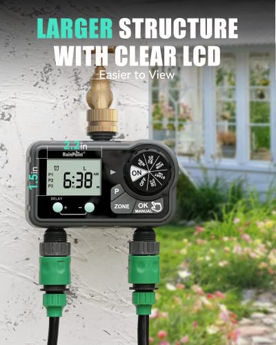 RAINPOINT Brass Sprinkler Timer 2 Stations, Large Digital Water Timer for Garden Hose with 6 Programmable Procedure, Hose Timer with Delay/Manual/Auto Irrigation Mode for Week/Specific/Daily Watering