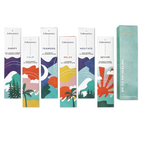 Folkulture Incense Sticks - Set of 6 Incenses (120 Sticks) for AM to PM Healing - Lavender, Palo Santo and Cedar, Dragon's Blood, Patchouli, Sandalwood, Nag Champa - Boho Gift Set